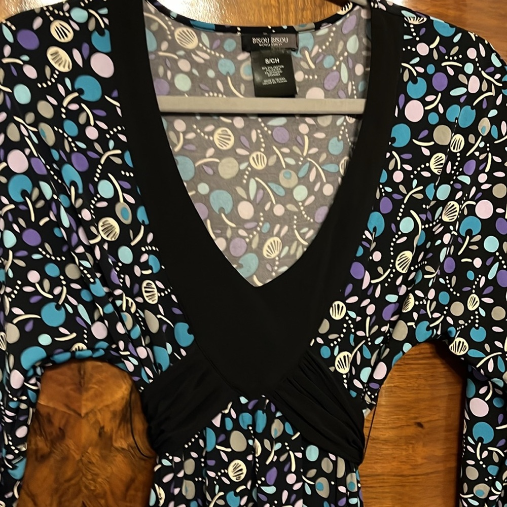 Bisou Bisou Black Turquoise Purple Jersey Dress with tapered long sleeves